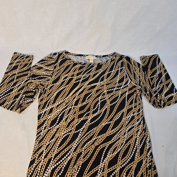 MICHAEL KORS Old Money Black/Gold Chain/Pearl Pattern Border Shift Dress Size L. - Picture 6 of 16